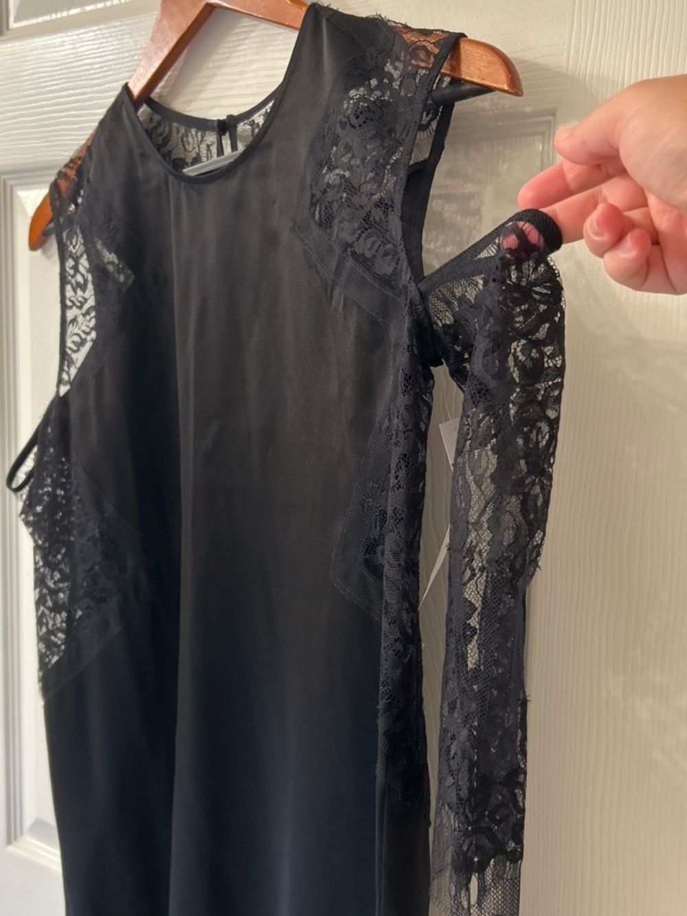 Black Satin Slip Dress with Floral Lace Trim - Women